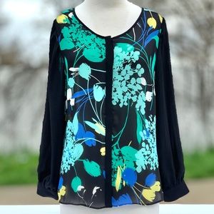 Worthington Semi-Sheer Green and Blue Floral Button Front Blouse ~ Petite M or L